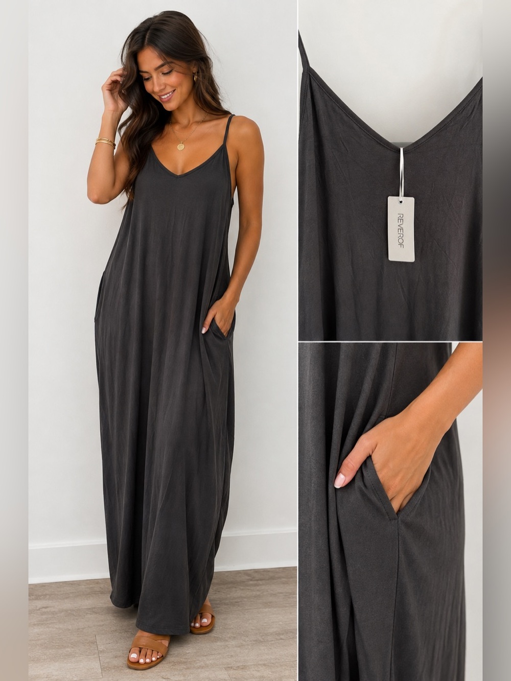 Reverof Flowing charcoal gray Black Slip Dress size large